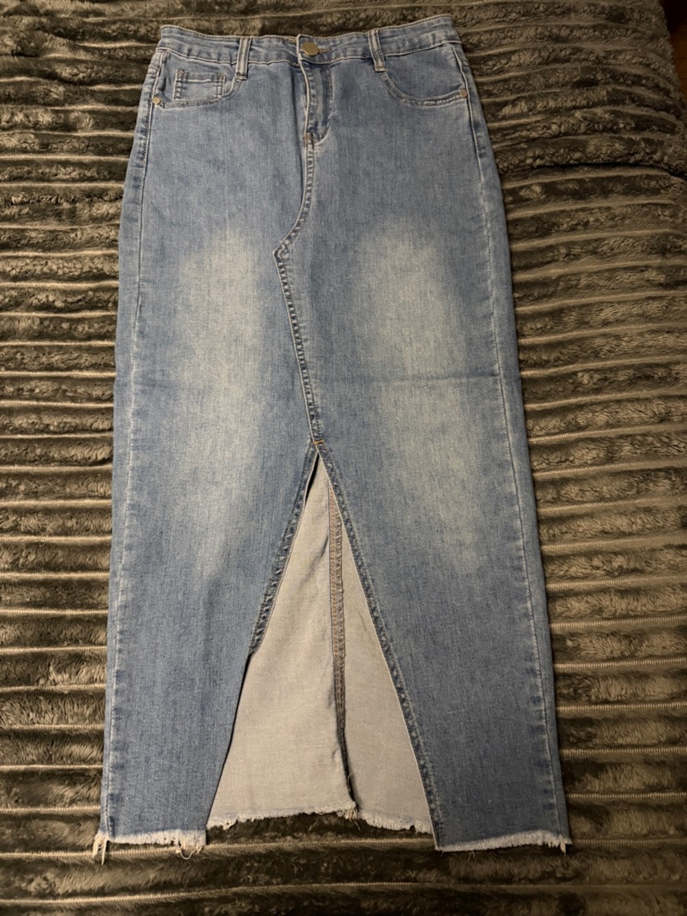 Boohoo Light Blue Denim Midi Skirt with Front Center Slit